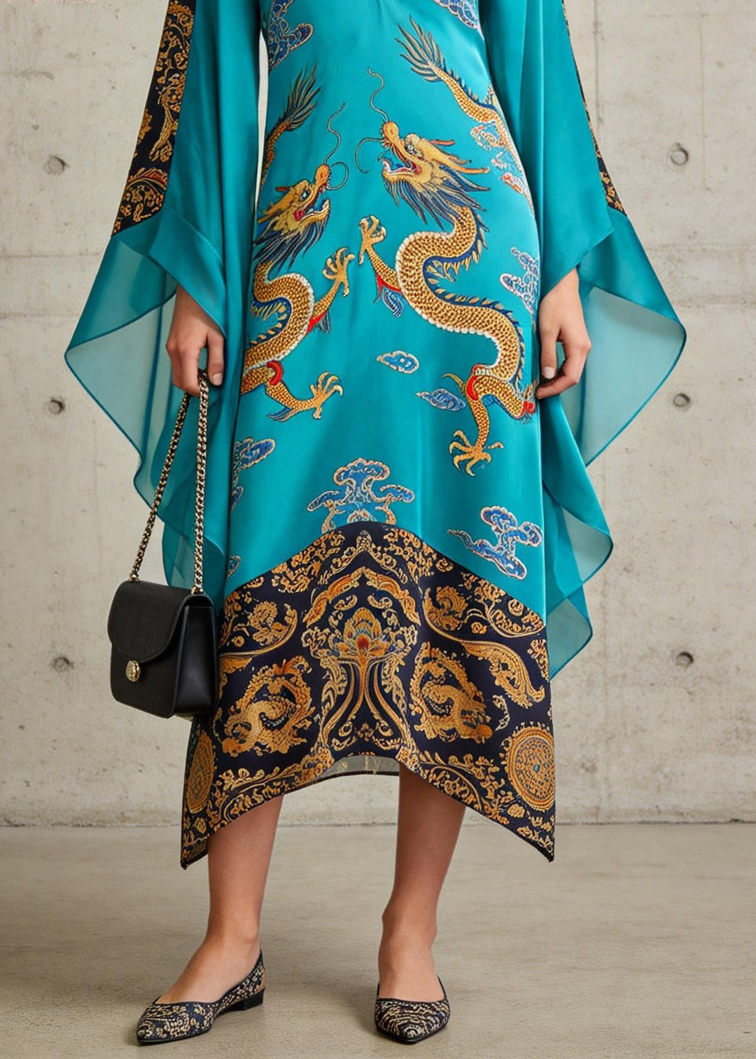 Beautiful Blue V Neck Oriental Print Chiffon Long Dress Flare Sleeve - Omychic