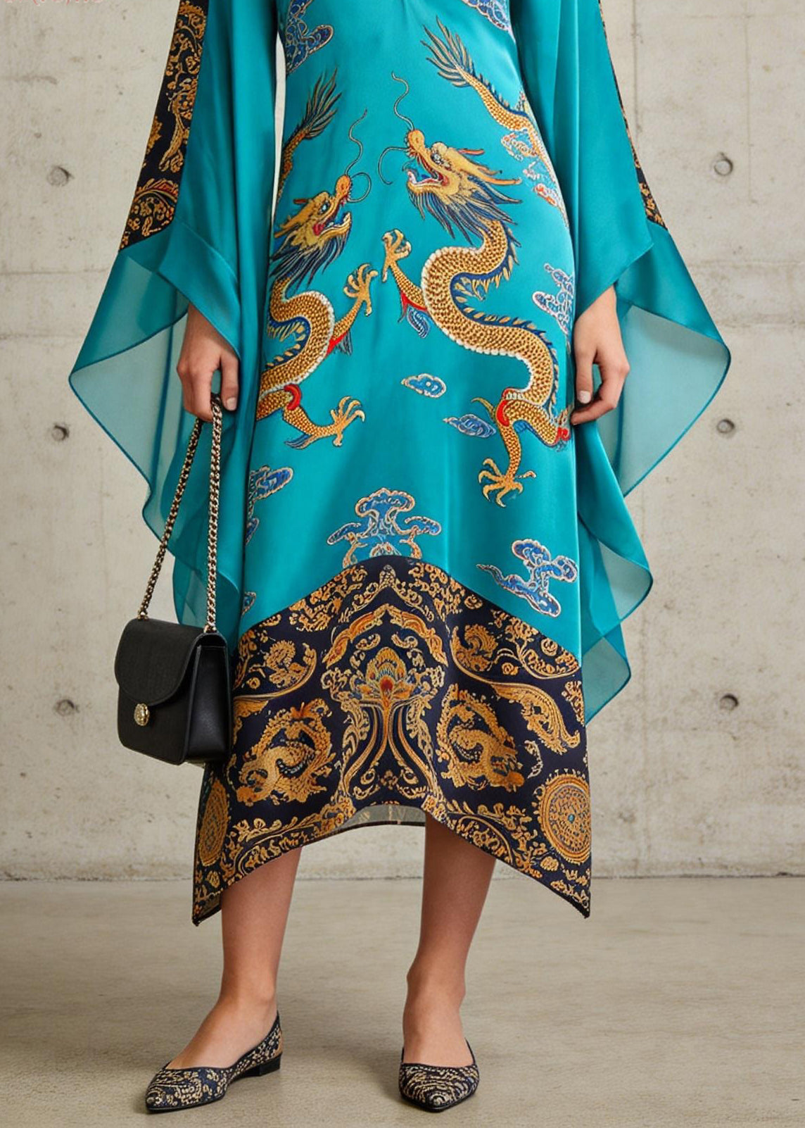 Beautiful Blue V Neck Oriental Print Chiffon Long Dress Flare Sleeve - Omychic