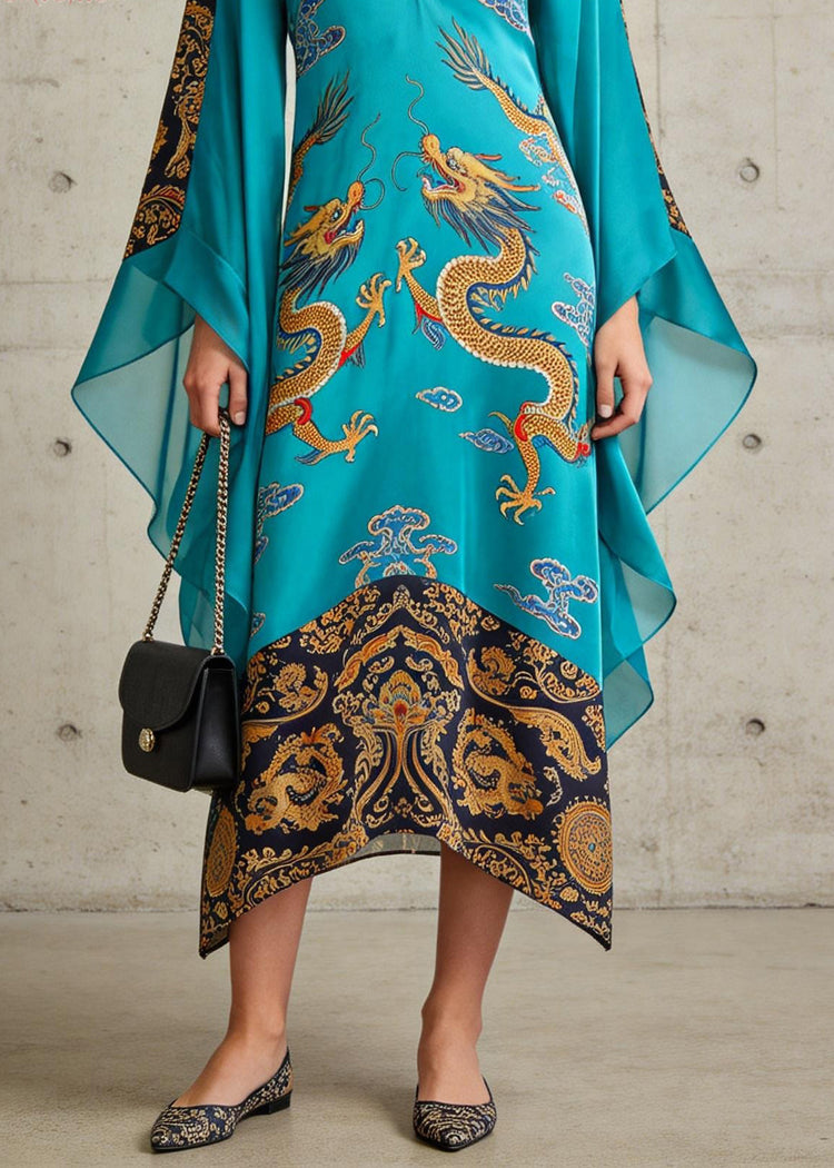 Beautiful Blue V Neck Oriental Print Chiffon Long Dress Flare Sleeve - Omychic