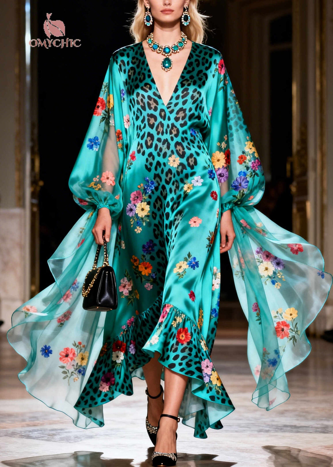 Beautiful Blue V Neck Print Silk Vacation Dresses Summer