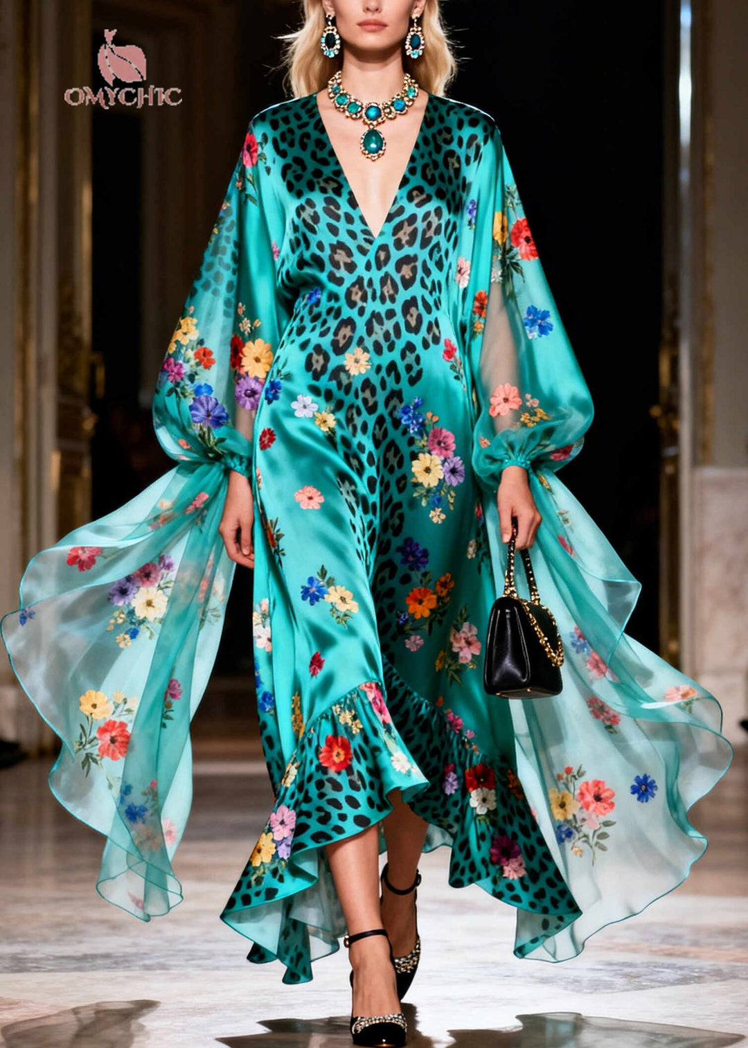 Beautiful Blue V Neck Print Silk Vacation Dresses Summer