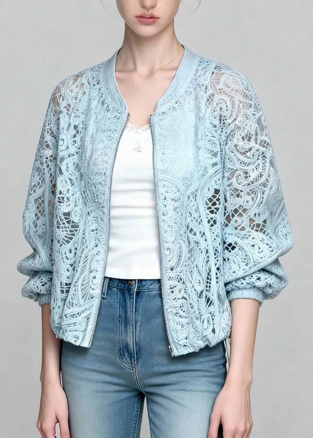 Beautiful Blue Zip Up Hollow Out Lace Coats Summer - Omychic