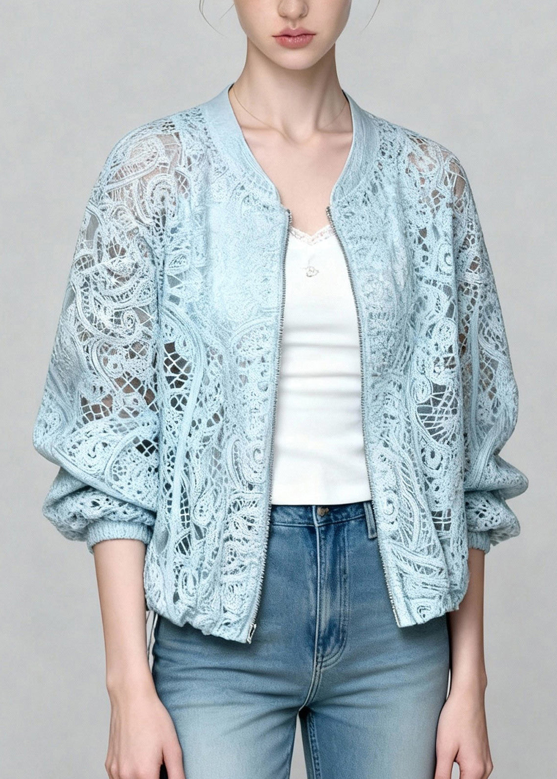 Beautiful Blue Zip Up Hollow Out Lace Coats Summer - Omychic