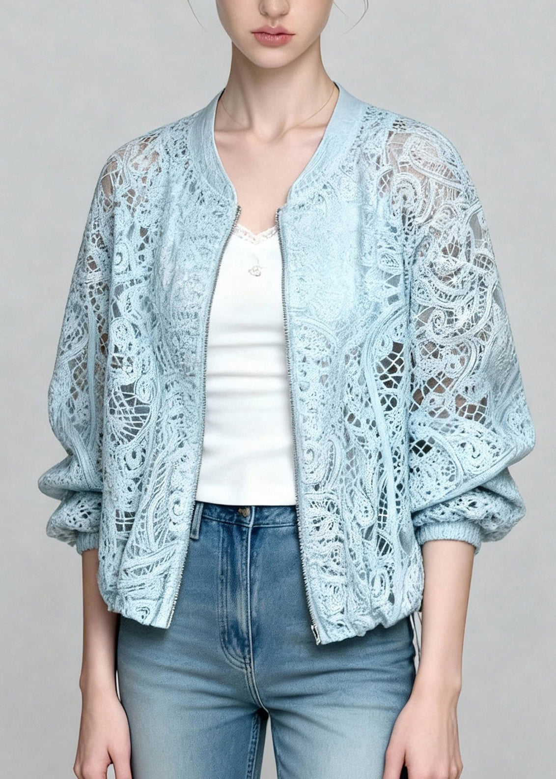 Beautiful Blue Zip Up Hollow Out Lace Coats Summer - Omychic