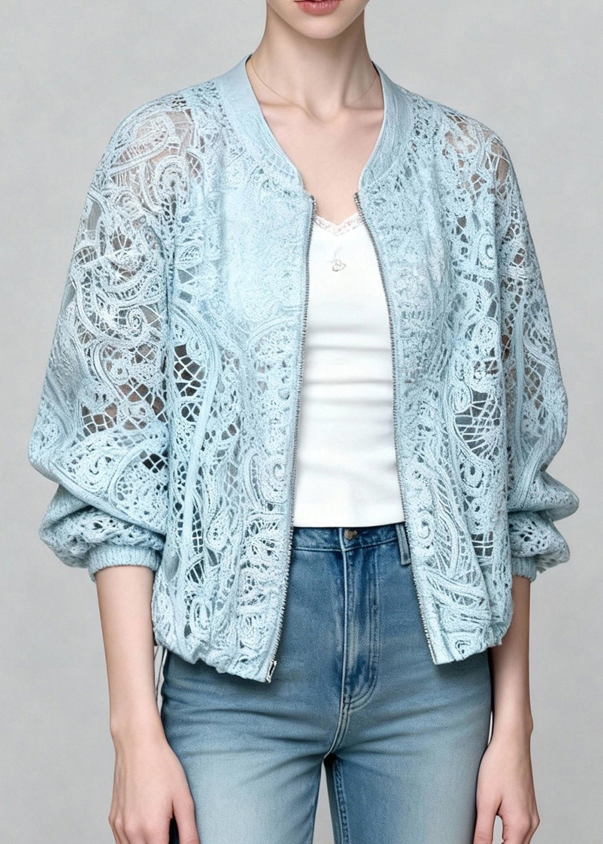 Beautiful Blue Zip Up Hollow Out Lace Coats Summer - Omychic