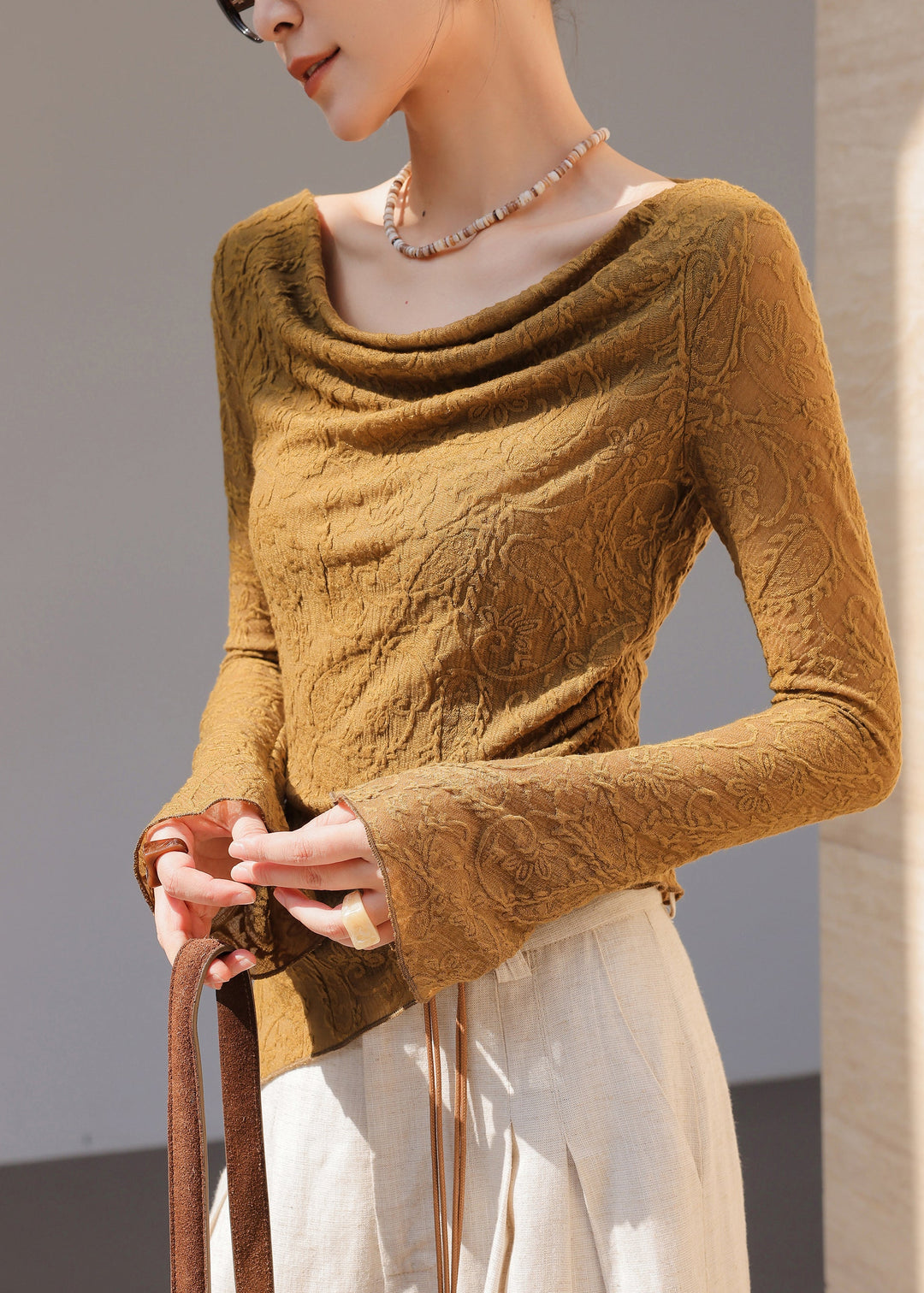 Beautiful Brown Asymmetrical Jacquard Cotton Top Flare Sleeve