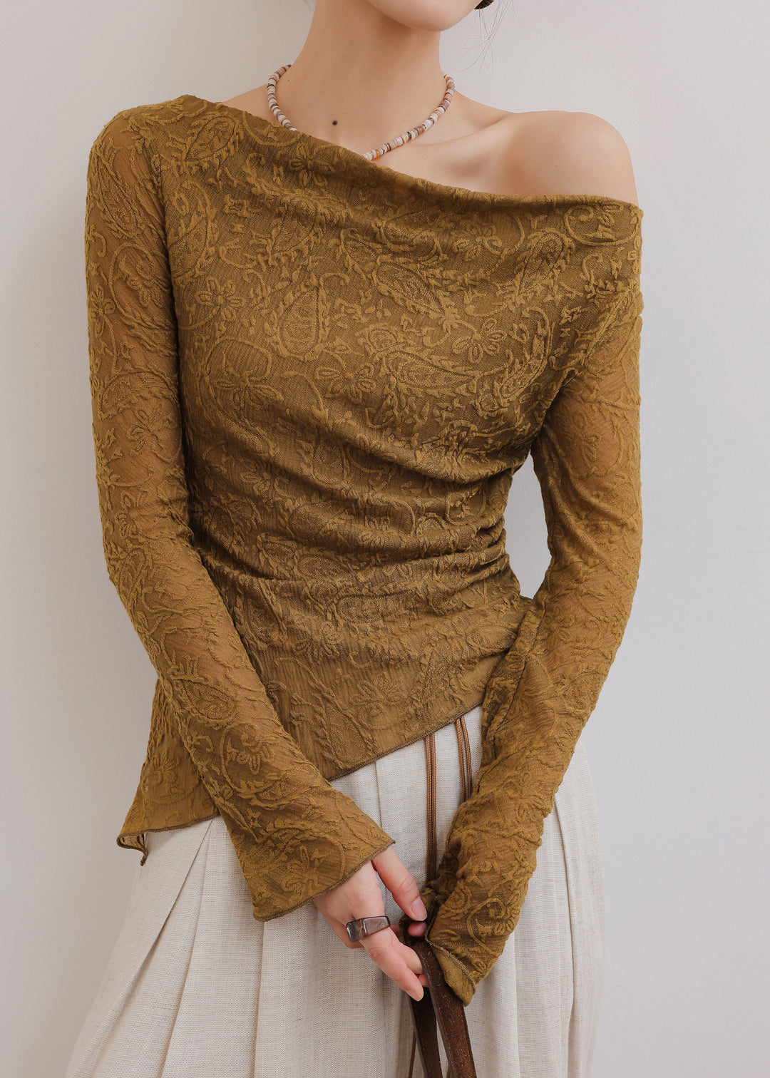 Beautiful Brown Asymmetrical Jacquard Cotton Top Flare Sleeve