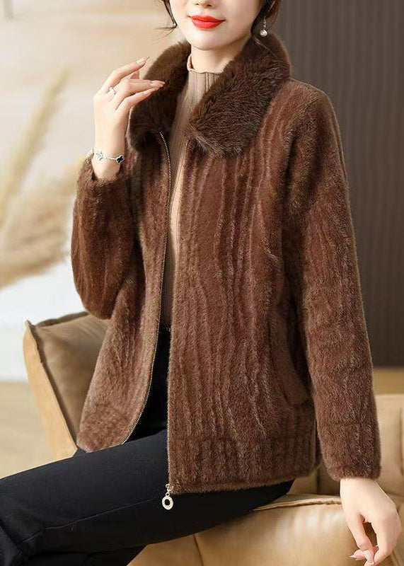 Beautiful Brown Fur Collar Zippered Mink Velvet Coat Winter