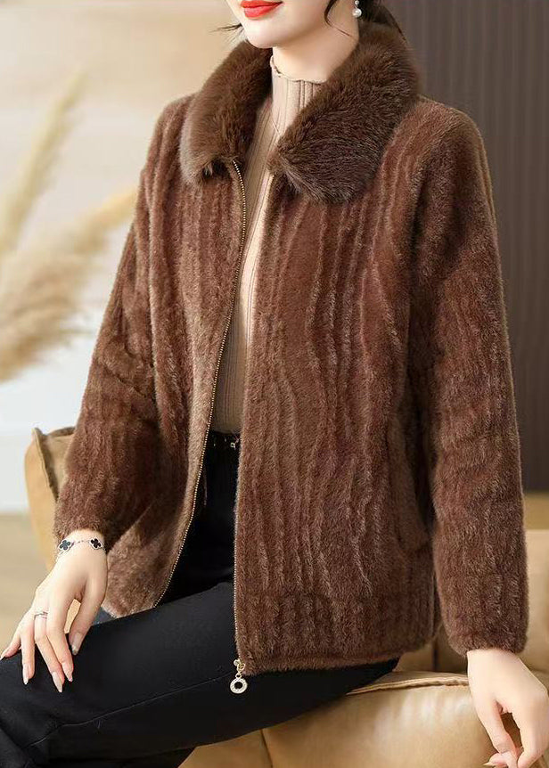 Beautiful Brown Fur Collar Zippered Mink Velvet Coat Winter
