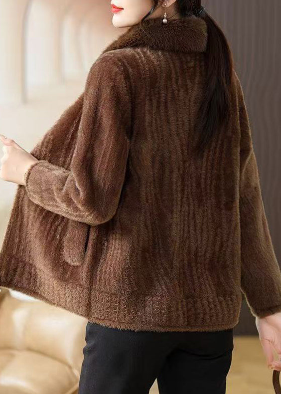 Beautiful Brown Fur Collar Zippered Mink Velvet Coat Winter