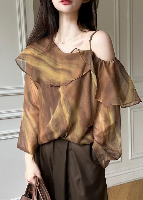 Beautiful Brown One Shoulder Tie Dye Chiffon Blouse Top Spring - Omychic