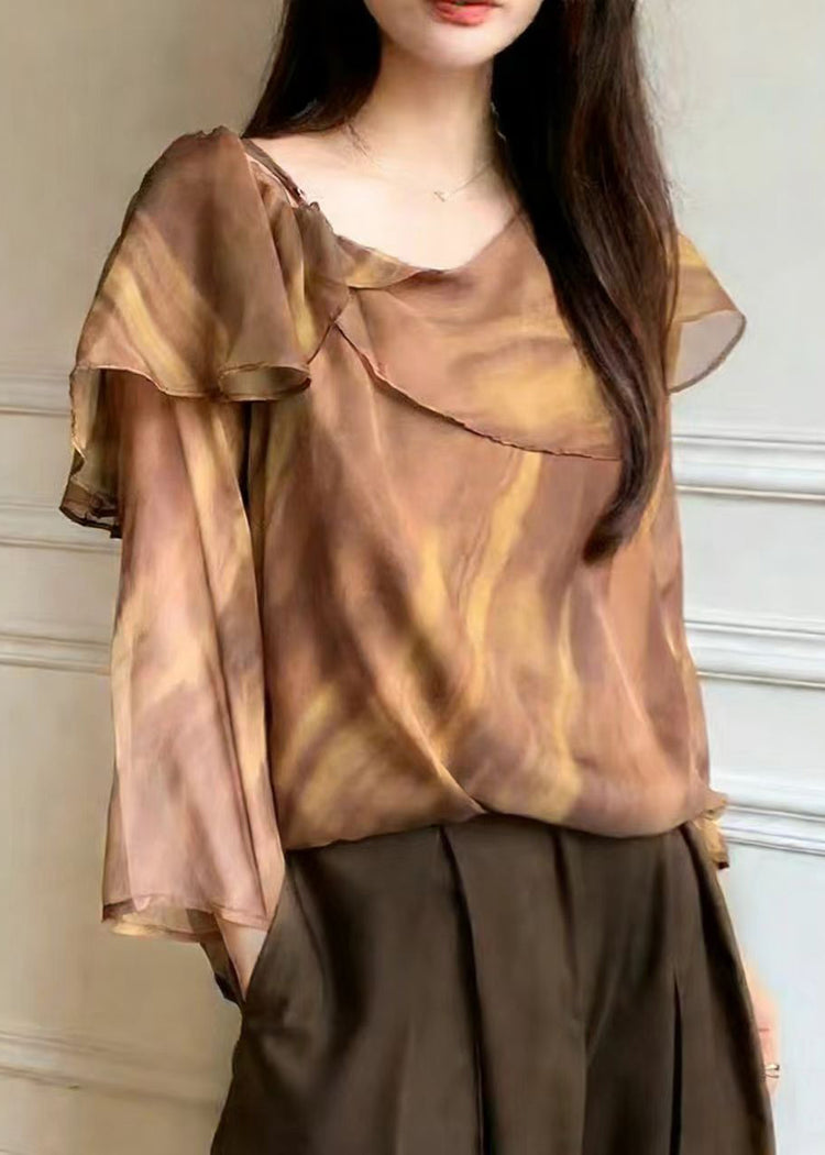 Beautiful Brown One Shoulder Tie Dye Chiffon Blouse Top Spring - Omychic