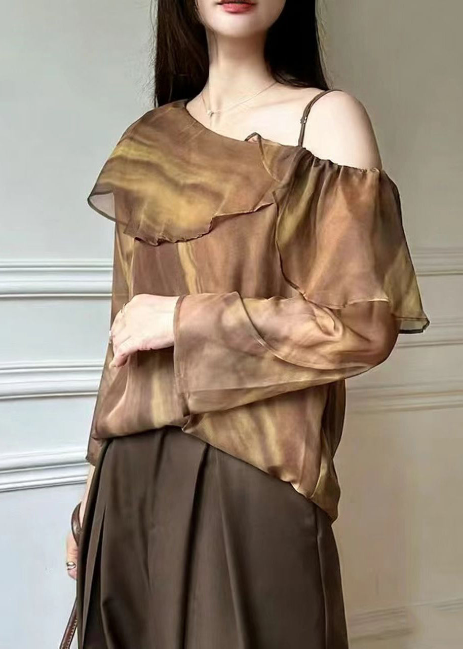 Beautiful Brown One Shoulder Tie Dye Chiffon Blouse Top Spring - Omychic