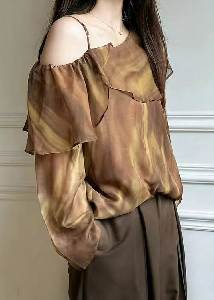 Beautiful Brown One Shoulder Tie Dye Chiffon Blouse Top Spring - Omychic