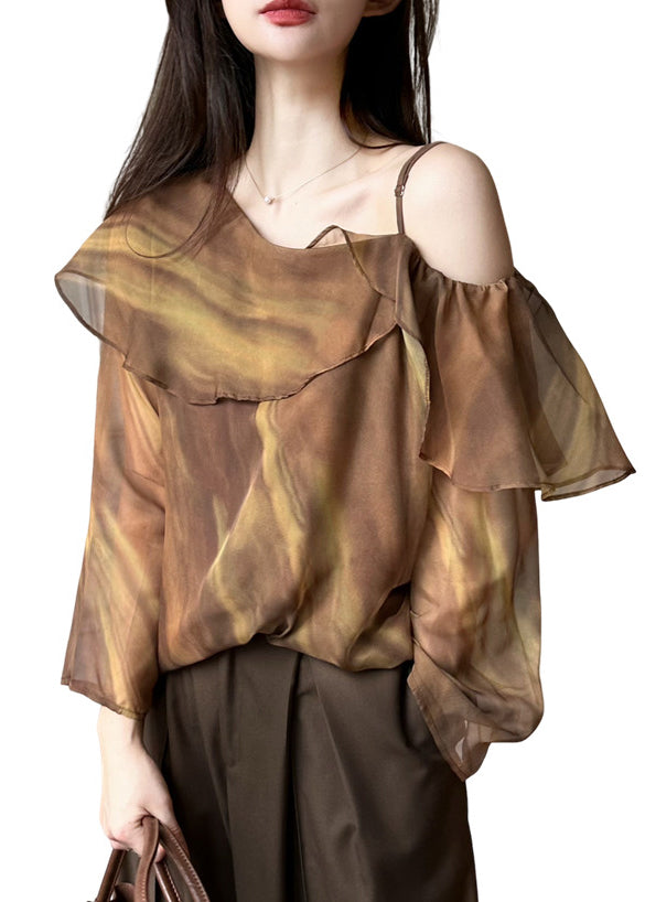 Beautiful Brown One Shoulder Tie Dye Chiffon Blouse Top Spring - Omychic