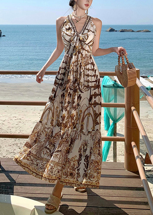 Beautiful Brown Print Chiffon Beach Sundress Summer