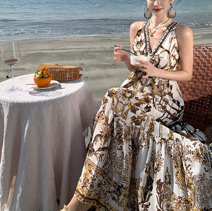 Beautiful Brown Print Chiffon Beach Sundress Summer