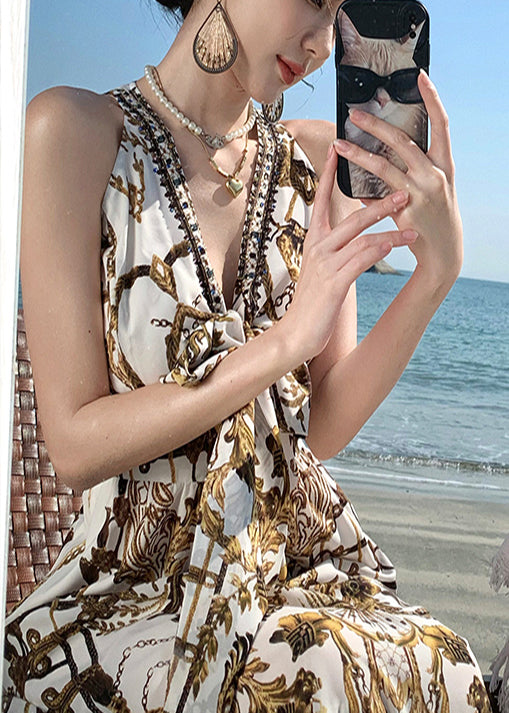Beautiful Brown Print Chiffon Beach Sundress Summer