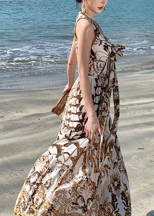 Beautiful Brown Print Chiffon Beach Sundress Summer