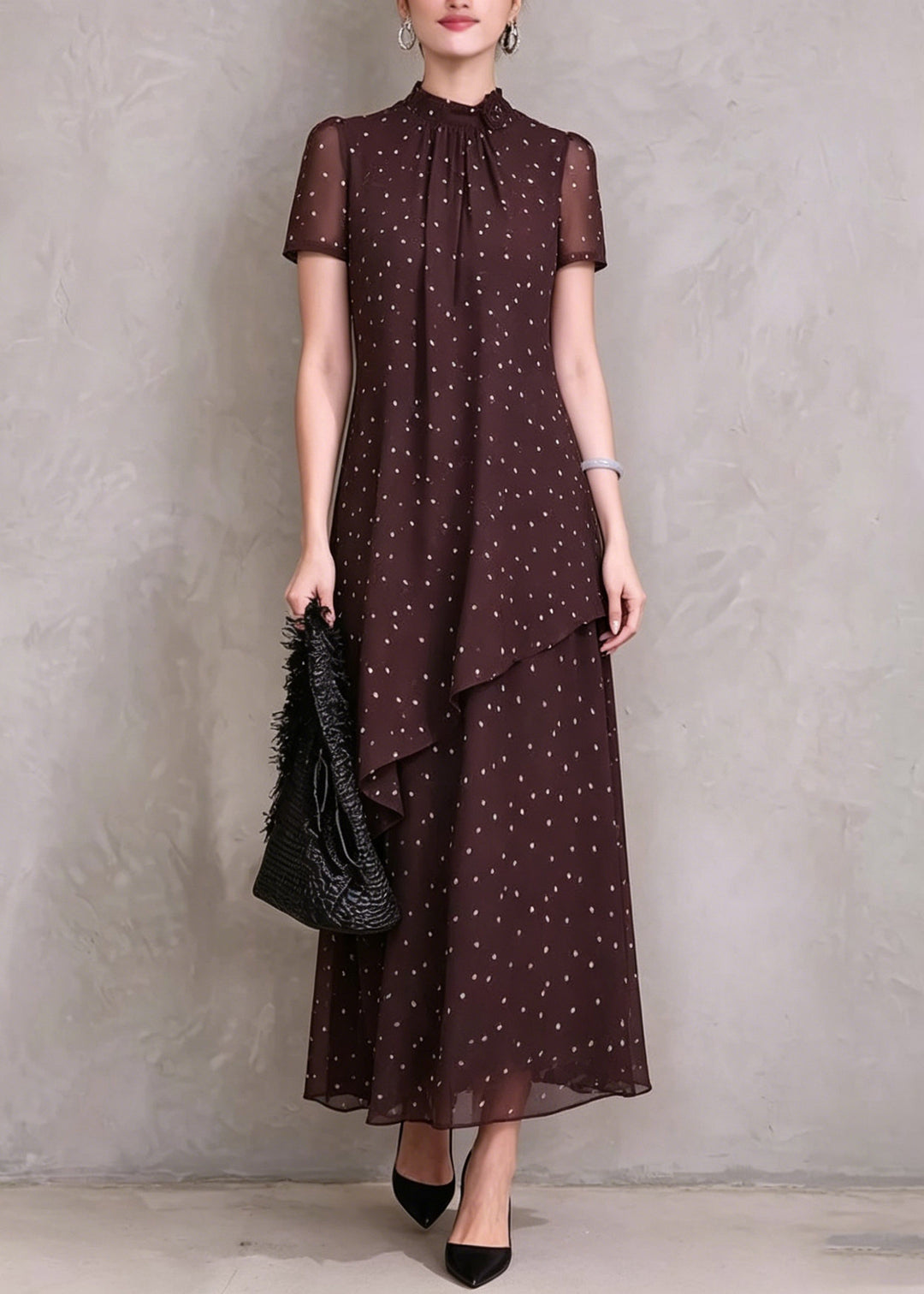 Beautiful Brown Red Asymmetrical Dot Print Maxi Dresses Short Sleeve