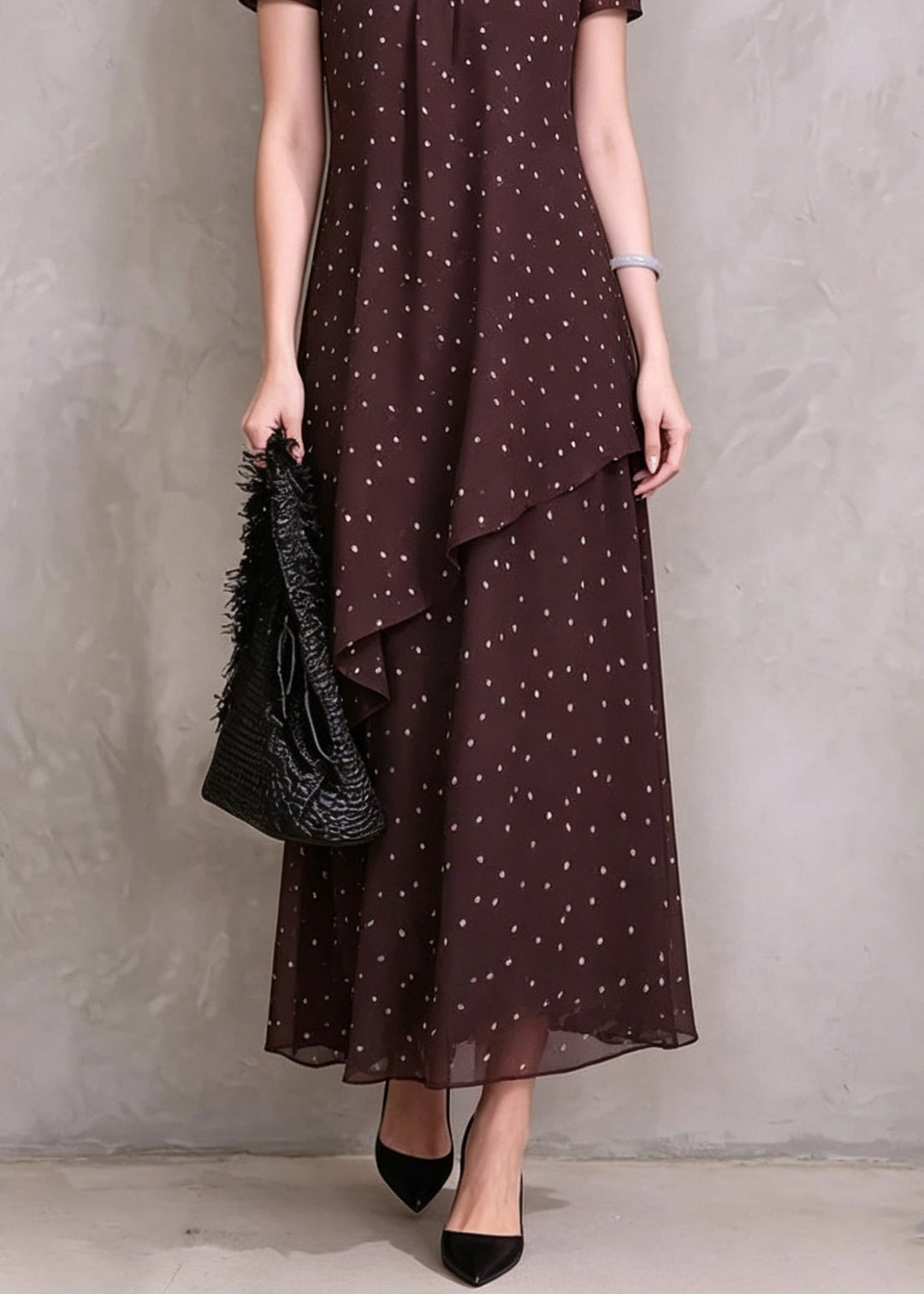 Beautiful Brown Red Asymmetrical Dot Print Maxi Dresses Short Sleeve