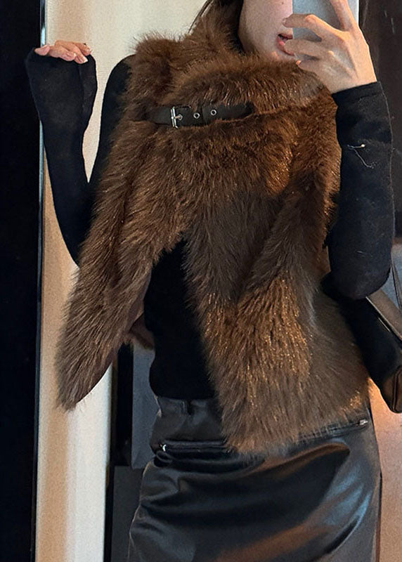 Beautiful Brown Stand Collar Mink Hair Waistcoat Sleeveless