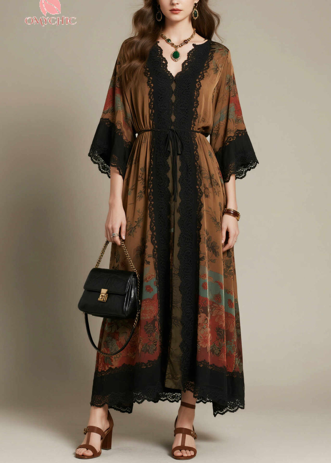 Beautiful Brown Tie Waist Lace Patchwork Chiffon Dress Summer