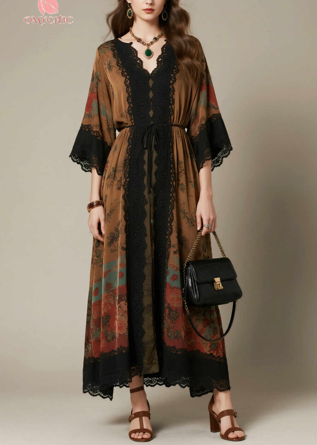 Beautiful Brown Tie Waist Lace Patchwork Chiffon Dress Summer