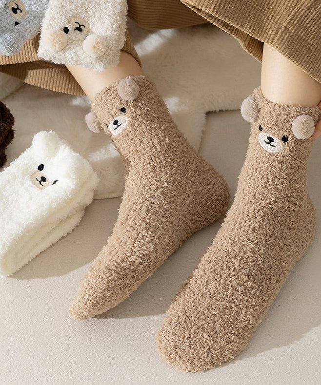 Beautiful Cartoon Embroidered Fuzzy Fur Fluffy Mid Calf Socks