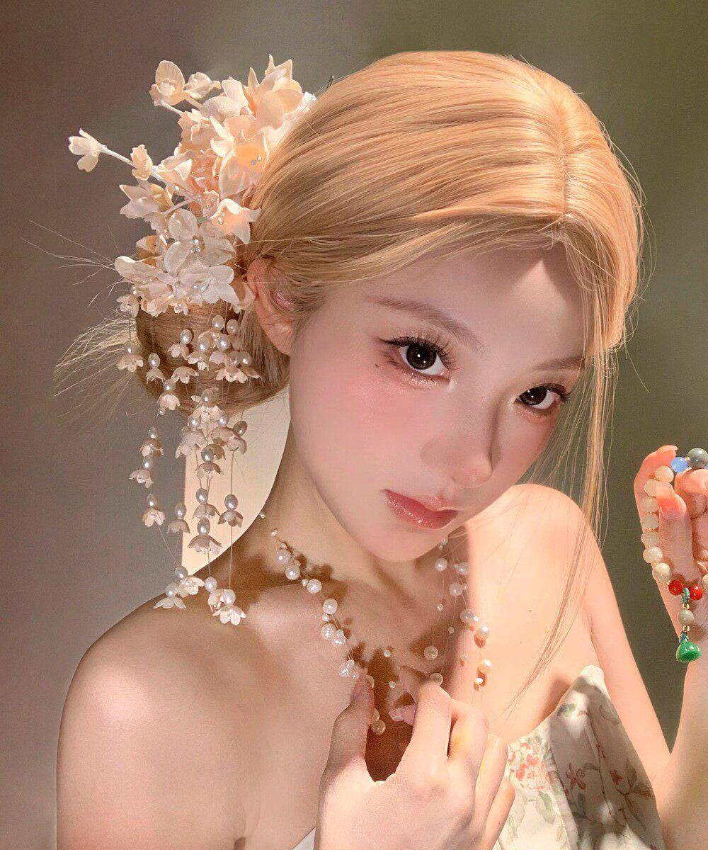 Beautiful Champagne Alloy Pearl Lily Of The Valley Tassel Hairpin - Omychic
