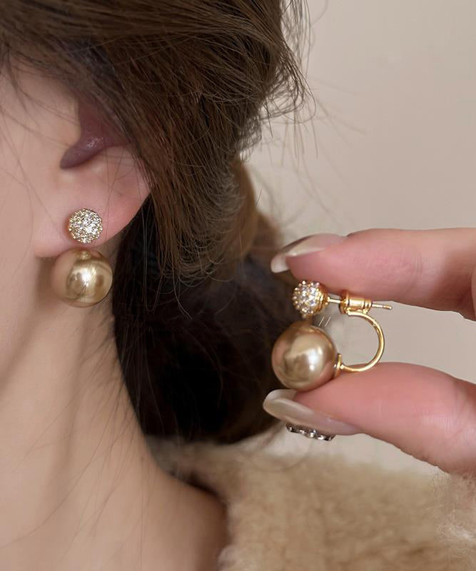 Beautiful Champagne Copper Overgild Pearl Stud Earrings