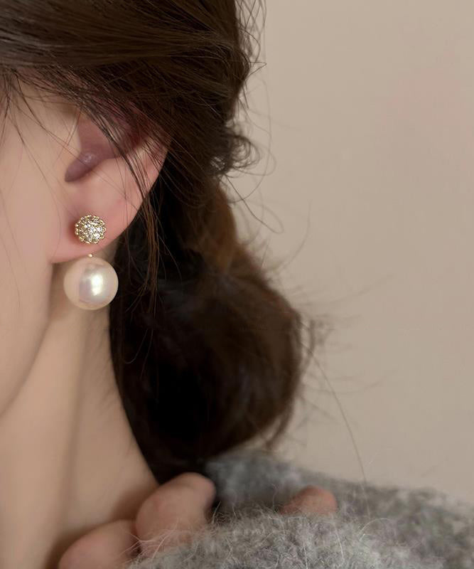 Beautiful Champagne Copper Overgild Pearl Stud Earrings