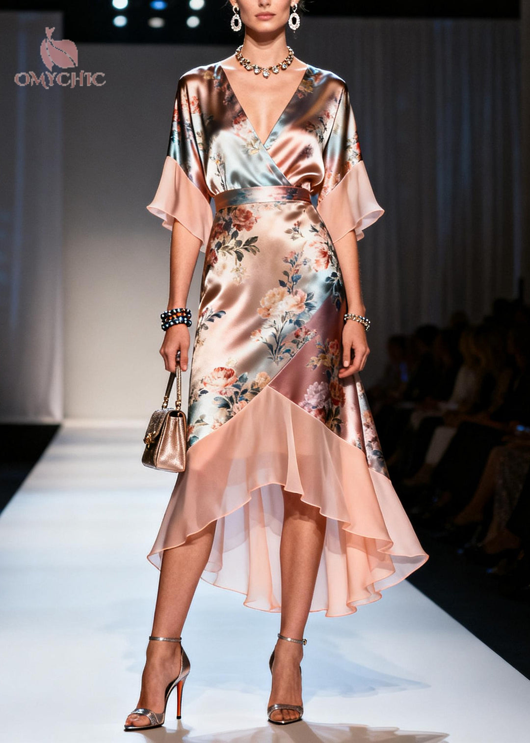 Beautiful Champagne Print Patchwork Chiffon Vacation Dresses Summer