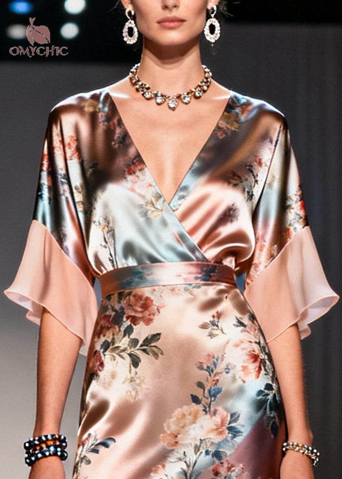 Beautiful Champagne Print Patchwork Chiffon Vacation Dresses Summer