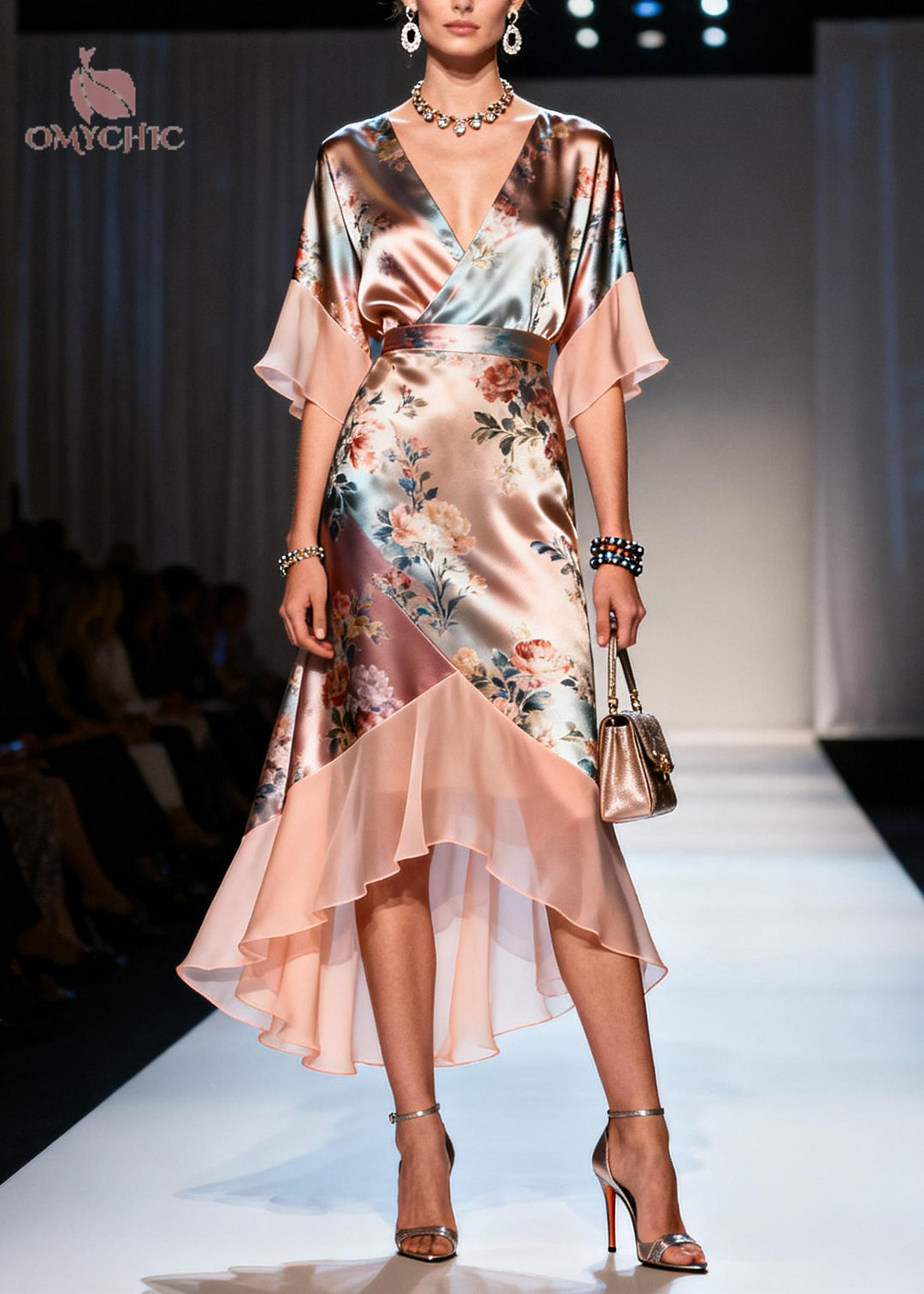 Beautiful Champagne Print Patchwork Chiffon Vacation Dresses Summer