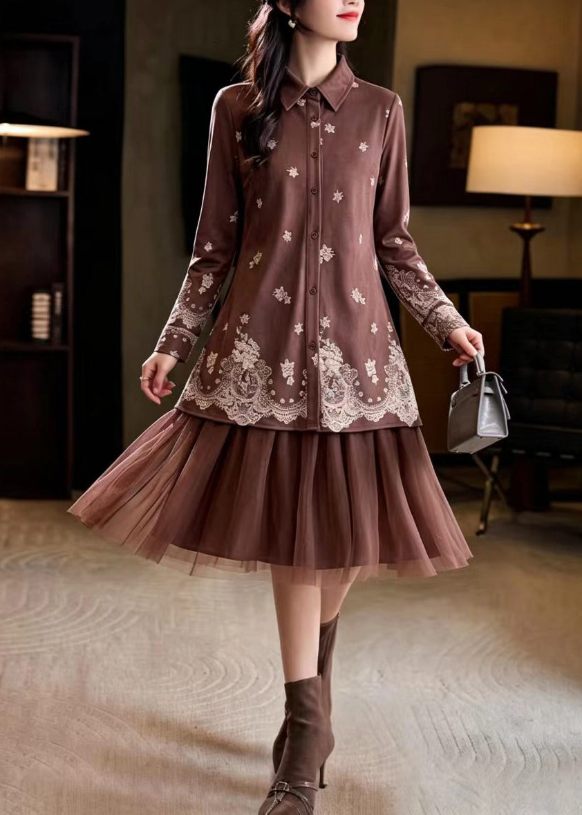 Beautiful Coffee Turn-Down Colla Print Patchwork Tulle Fake Two-Piece Dresses Fall
