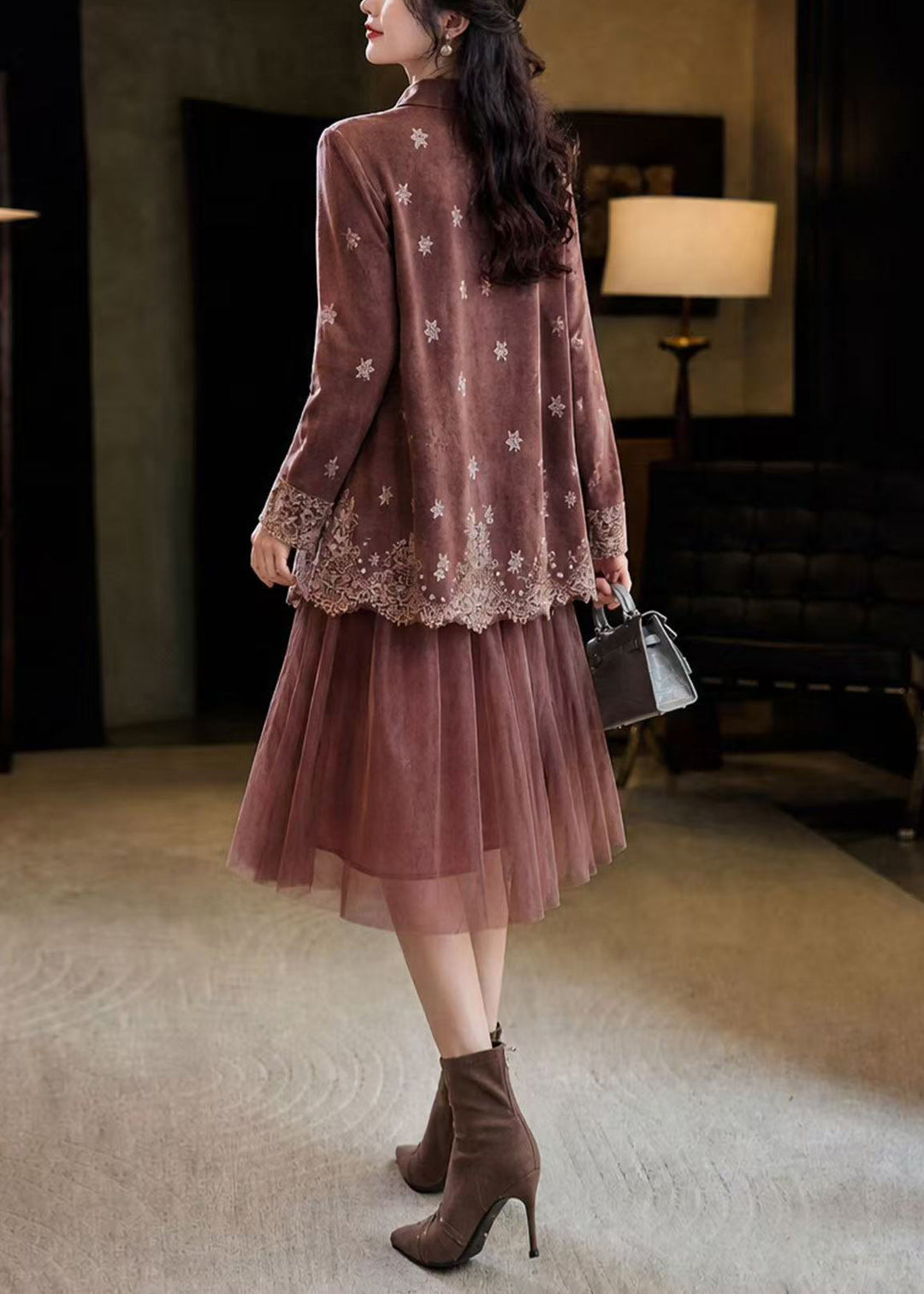 Beautiful Coffee Turn-Down Colla Print Patchwork Tulle Fake Two-Piece Dresses Fall