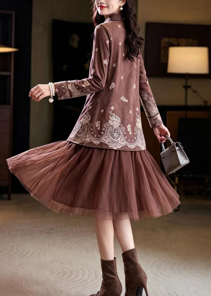 Beautiful Coffee Turn-Down Colla Print Patchwork Tulle Fake Two-Piece Dresses Fall