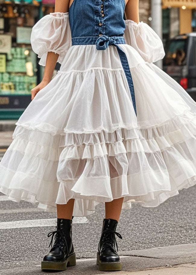 Beautiful Cold Shoulder Patchwork Denim Tulle Maxi Dresses Puff Sleeve