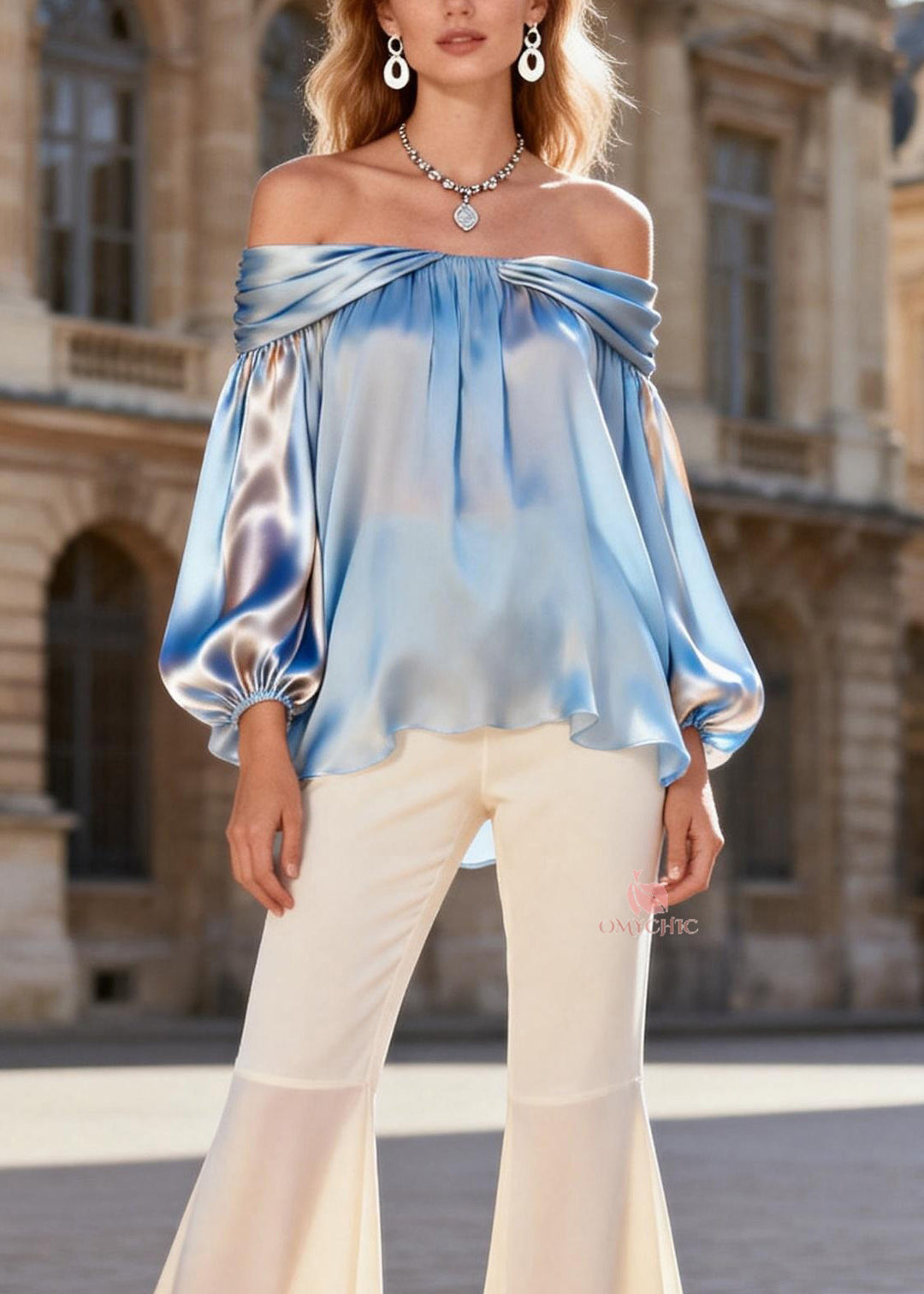 Beautiful Cold Shoulder Patchwork Silk Women Sets 2 Pieces Spring