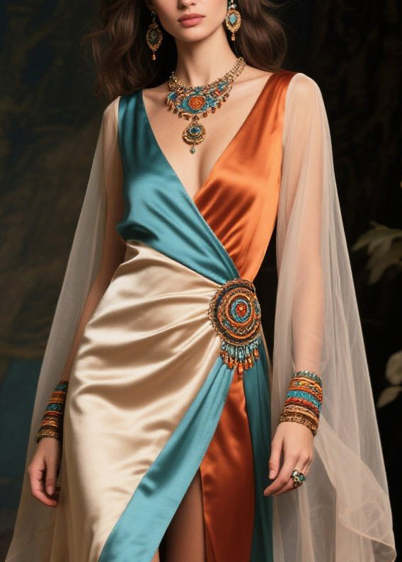 Beautiful Colorblock Asymmetrical Patchwork Silk Party Dress Summer
