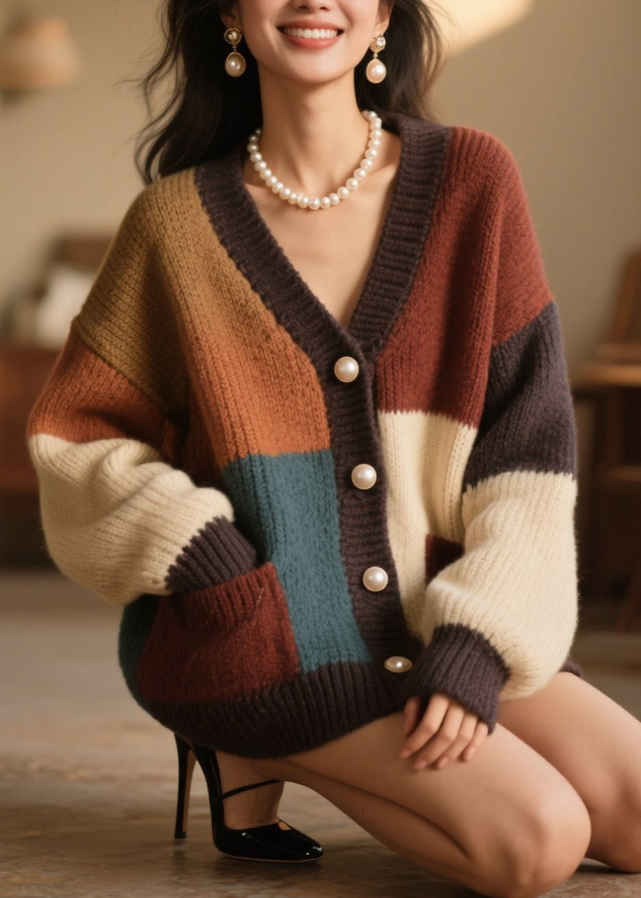 Beautiful Colorblock Button Pockets Knit Cardigan Fall