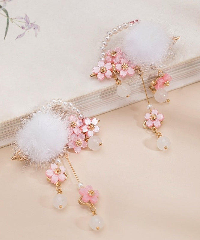 Beautiful Colorblock Copper Pearl Floral Mink Hair Tassel Girls Hairpin