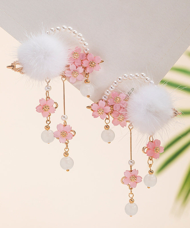 Beautiful Colorblock Copper Pearl Floral Mink Hair Tassel Girls Hairpin