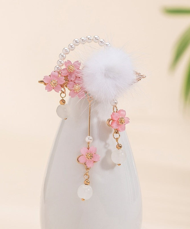 Beautiful Colorblock Copper Pearl Floral Mink Hair Tassel Girls Hairpin