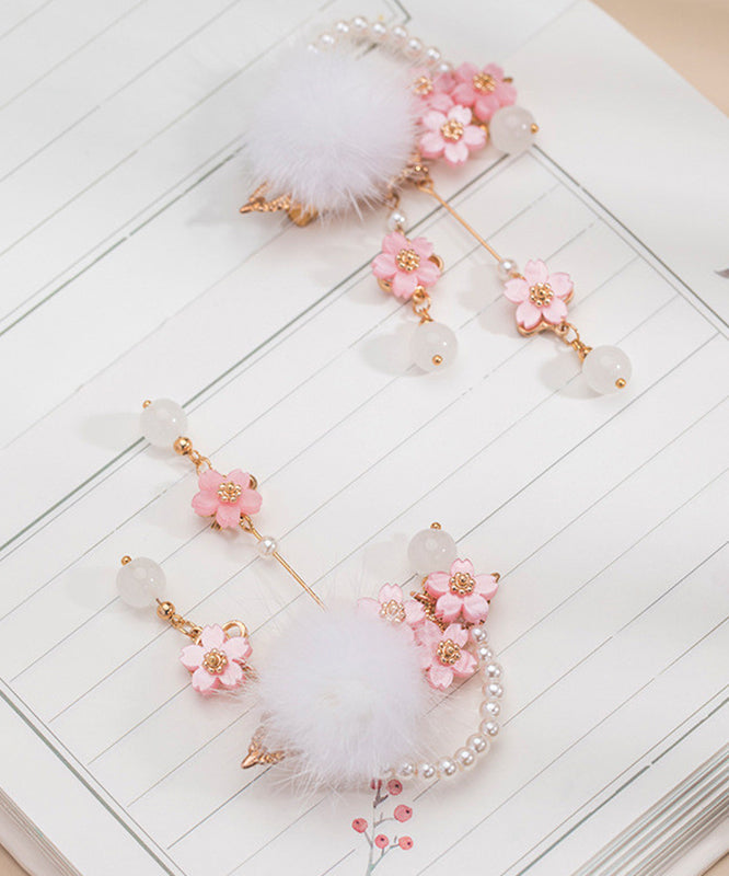 Beautiful Colorblock Copper Pearl Floral Mink Hair Tassel Girls Hairpin