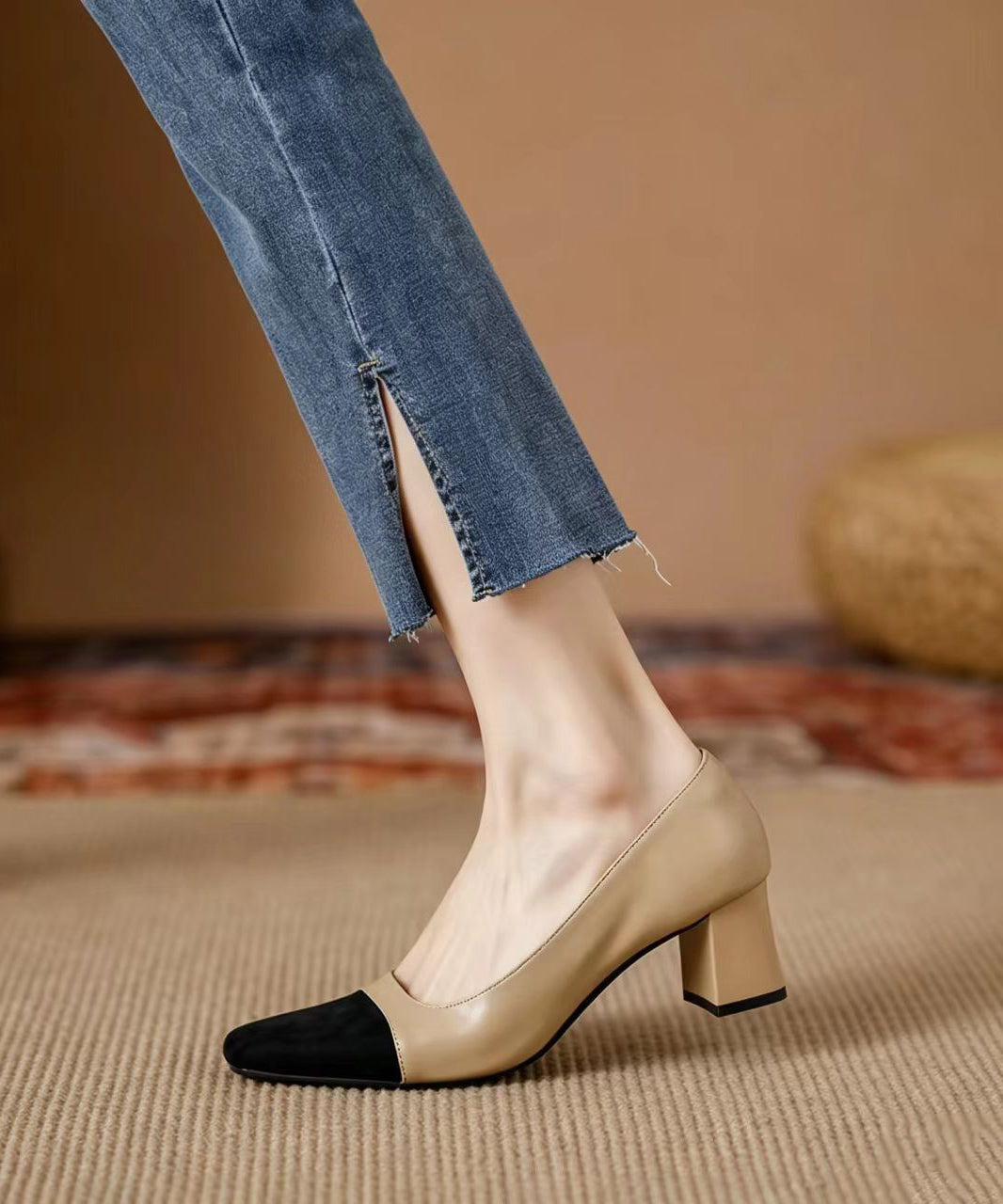 Beautiful Colorblock Faux Leather Chunky High Heels