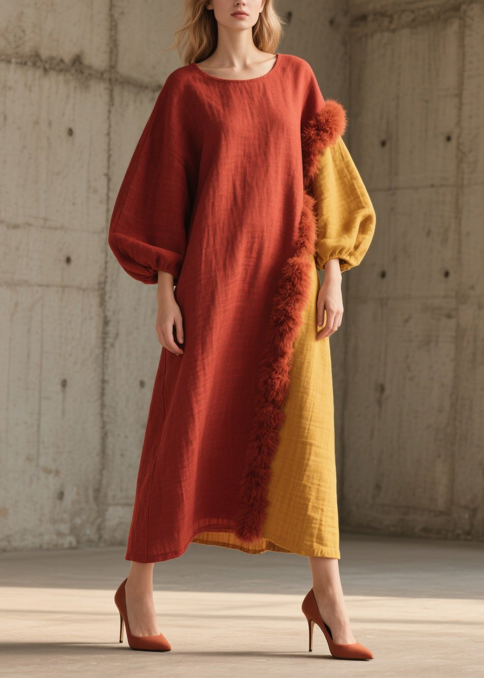 Beautiful Colorblock Fuzzy Fur Fluffy Patchwork Cotton Long Dress Fall