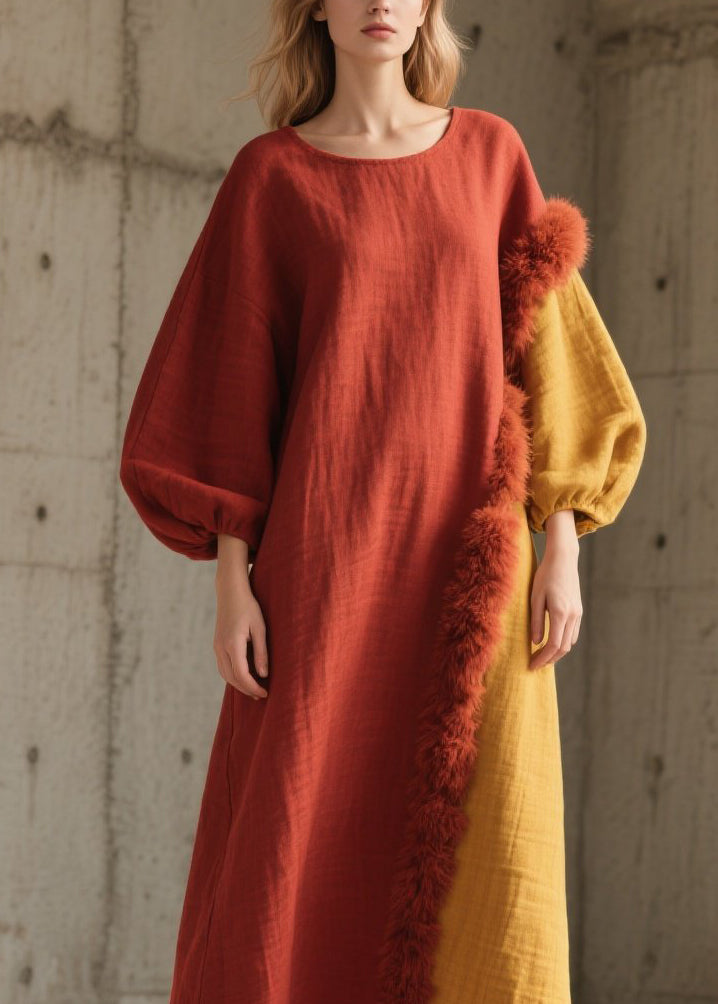 Beautiful Colorblock Fuzzy Fur Fluffy Patchwork Cotton Long Dress Fall