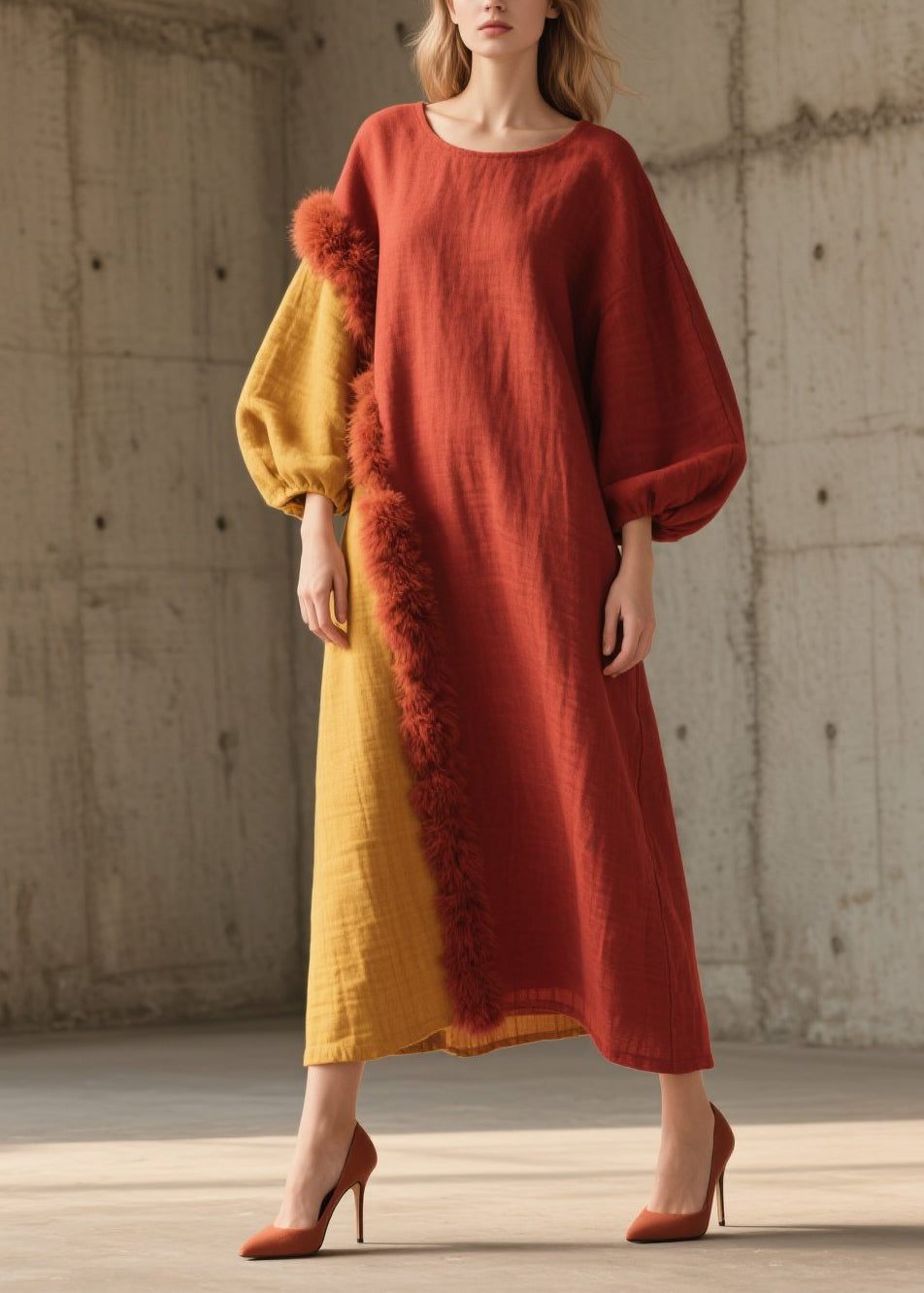 Beautiful Colorblock Fuzzy Fur Fluffy Patchwork Cotton Long Dress Fall
